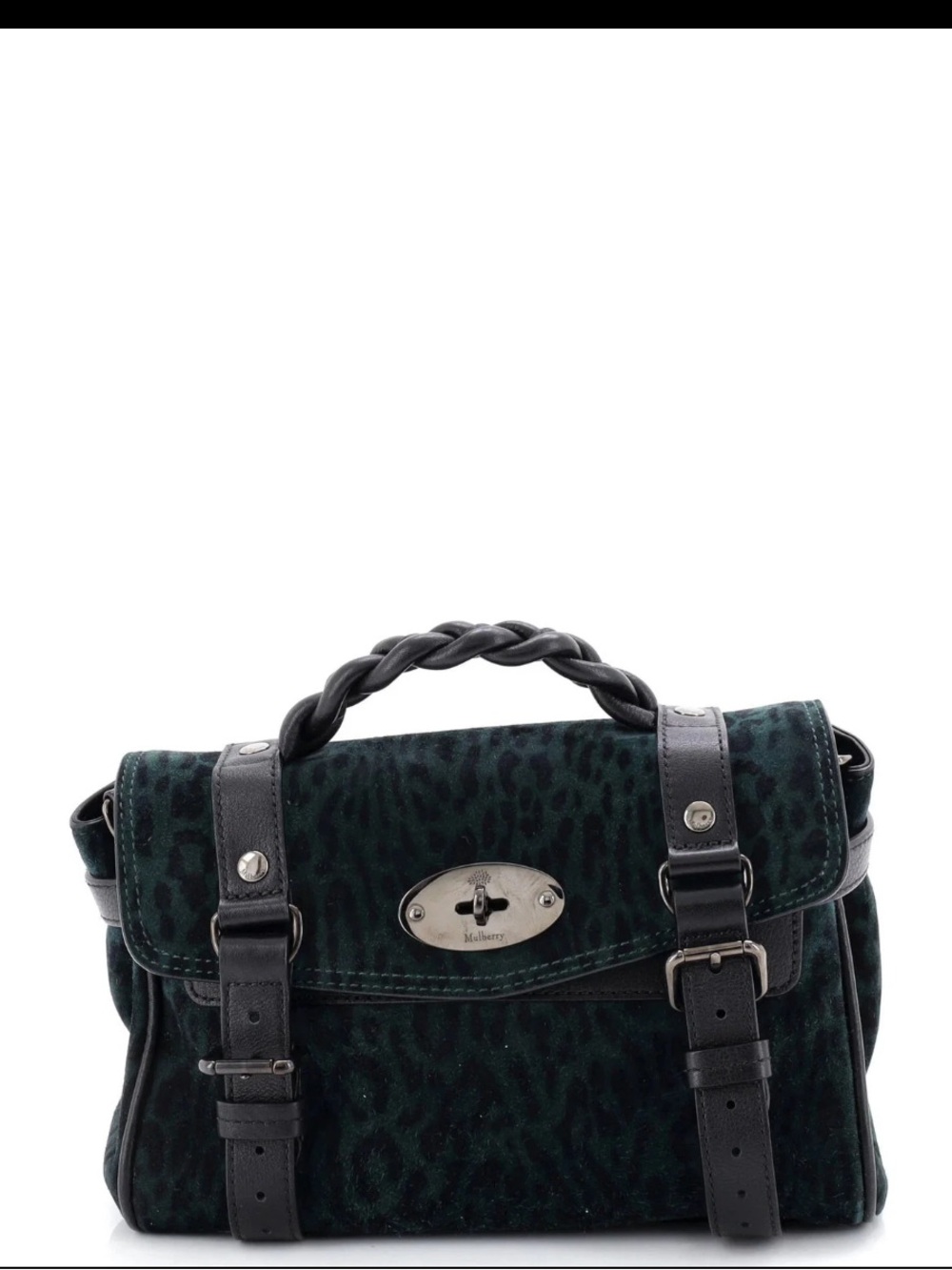Mulberry Dark Green Leopard-Print Satchel with Black Leather Trim